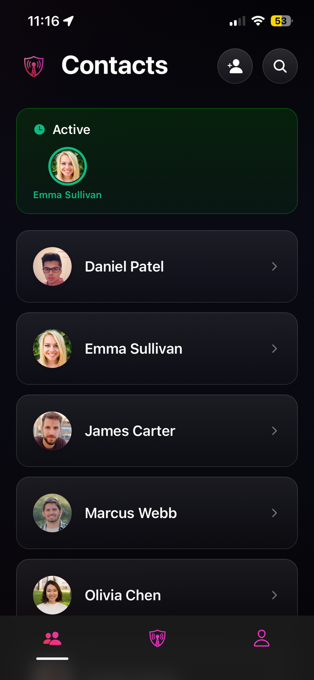 Contacts list highlighting a contact with an active safety timer