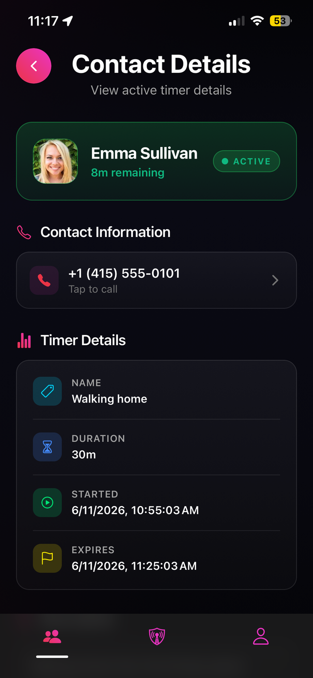 Contact details showing an active timer with time remaining and tap-to-call info