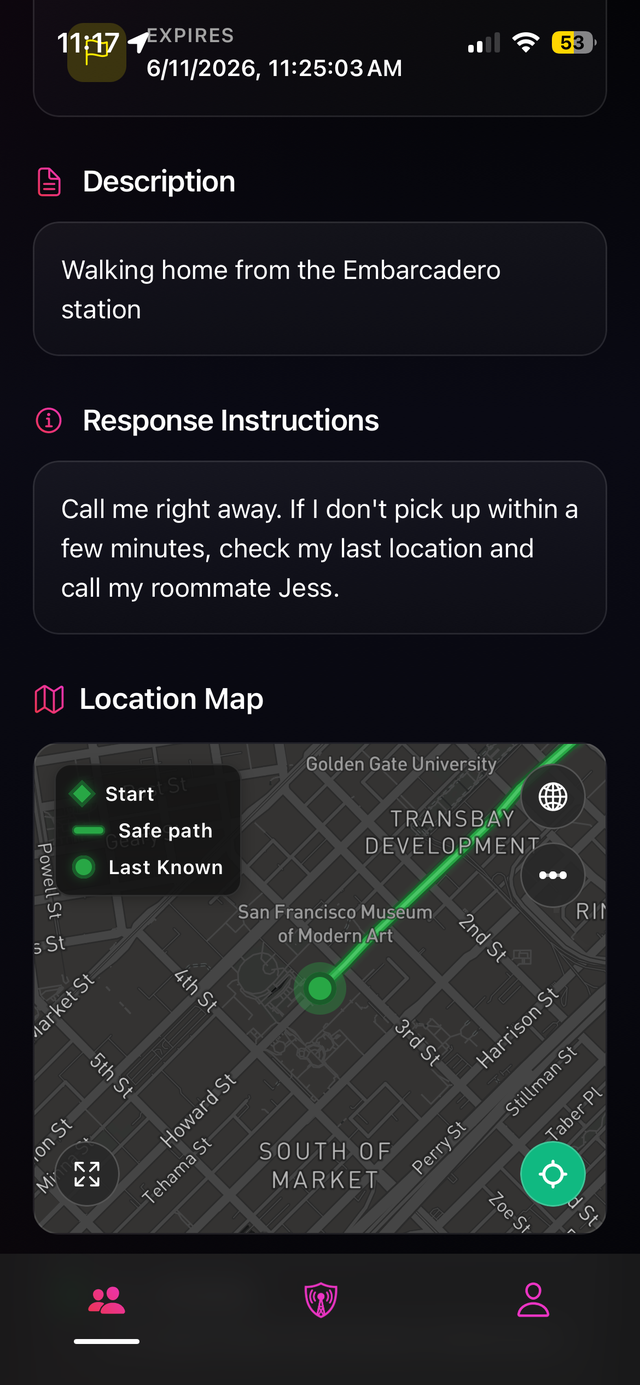 Active timer view with description, response instructions, and live location map