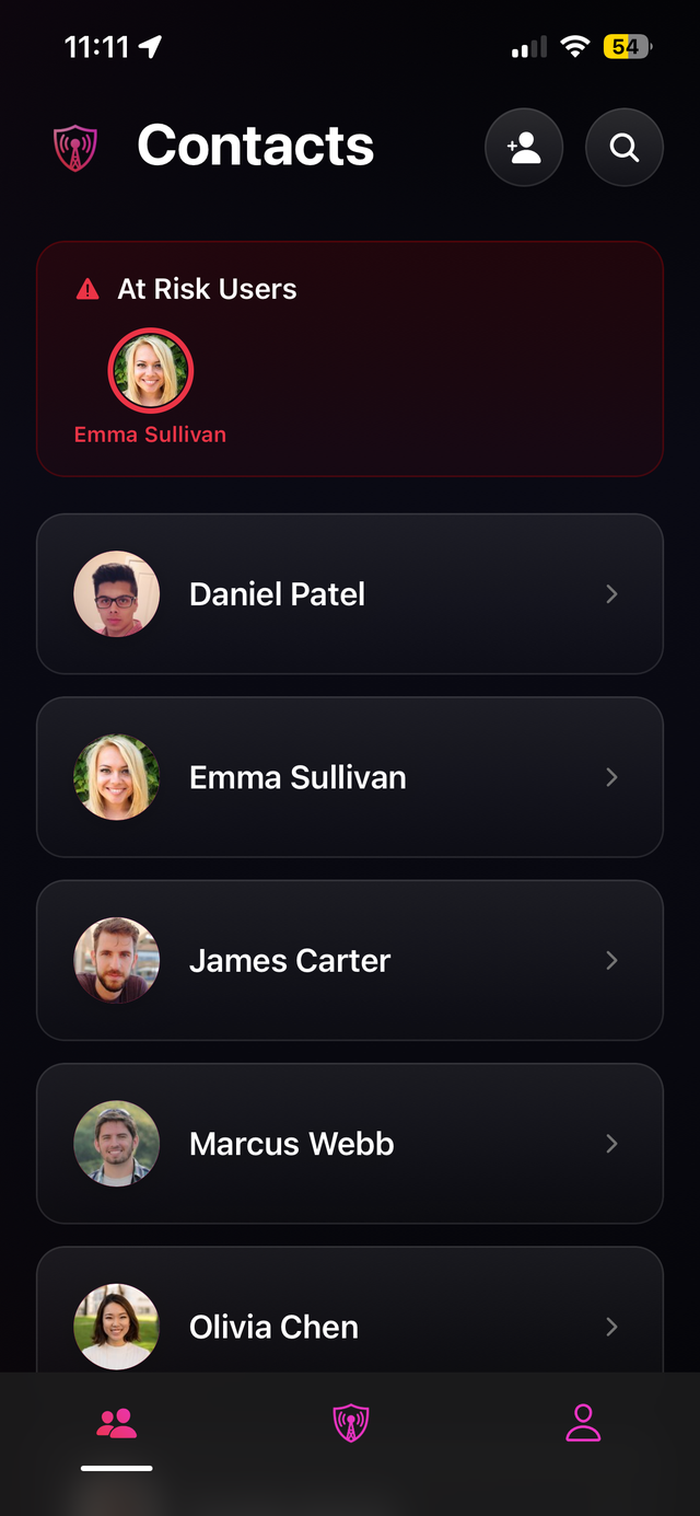 Contacts list flagging a contact as At Risk after their timer expired