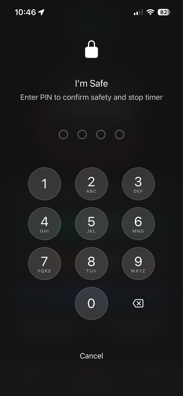 GuardianLive PIN entry screen asking for a PIN to confirm safety and stop the timer