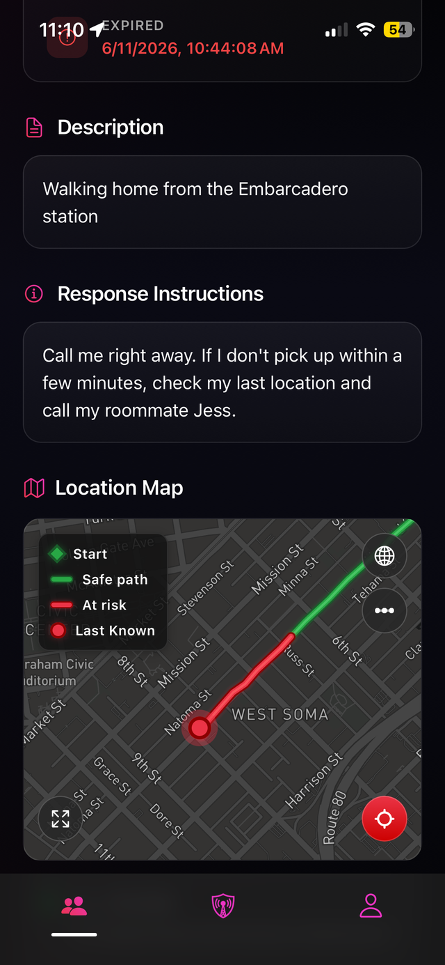 Contact alert view with response instructions and a live location map